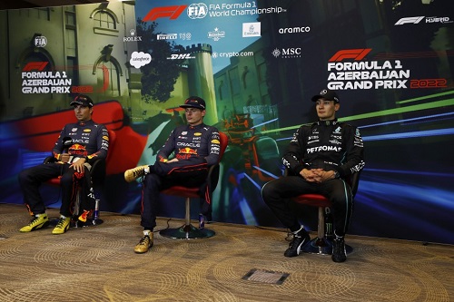 Max VERSTAPPEN (Red Bull Racing), Sergio PÉREZ (Red Bull Racing) and George RUSSELL (Mercedes) Photo by FIA