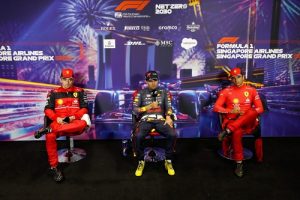 Press call - Sergio PÉREZ (Red Bull Racing), Charles LECLERC (Ferrari) and Carlos SAINZ (Ferrari) - Photo by FIA