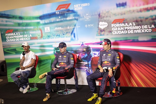 Press call - Max VERSTAPPEN (Red Bull Racing),Lewis HAMILTON (Mercedes) and Sergio PÉREZ (Red Bull Racing) Photo by FIA