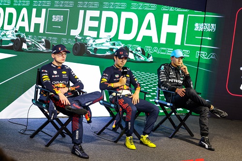 Sergio PÉREZ (Red Bull Racing), Max VERSTAPPEN (Red Bull Racing) and George RUSSELL (Mercedes) (Photo by FIA)